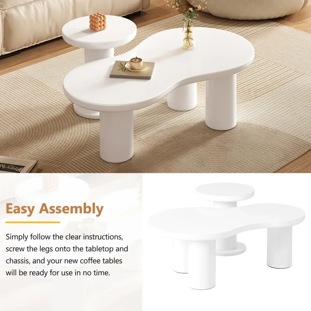 Nesting Coffee Table Set of 2, Cream Style Cloud Coffee Table with Round Small Side Table, Irregular Center Tables