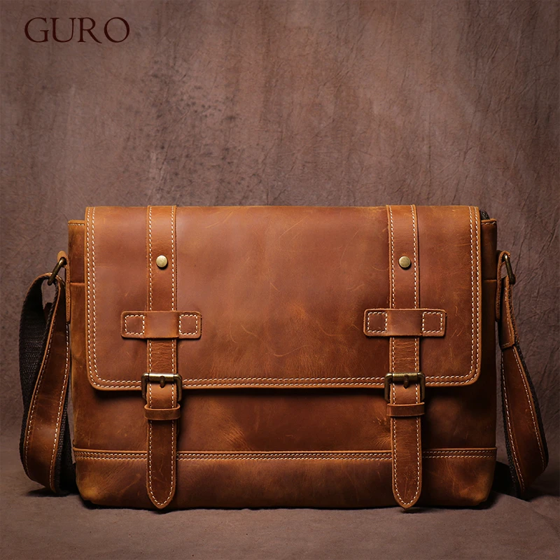 GURO-Mala Mensageiro Retro Masculina, Maleta Louca de Couro Cavalo, Sling de Ombro, Luxo Crossbody para iPad 12.9 ", Alta Qualidade