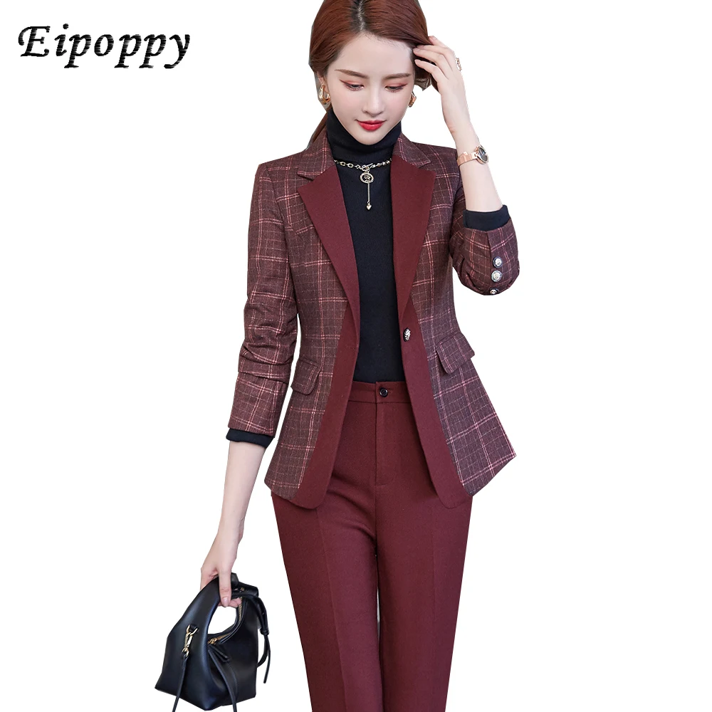 

Elegant Ladies Red Blue Plaid Blazer Pant Suit 2 Piece Set Formal Women Female Jacket and Trouser For Office Work Business Wear