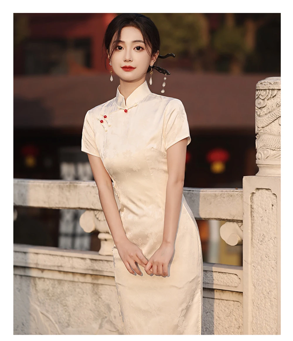 Cheongsam chino tradicional mejorado de longitud media para mujer, vestido elegante Retro de primavera, temperamento diario, mangas cortas, nuevo Qipao