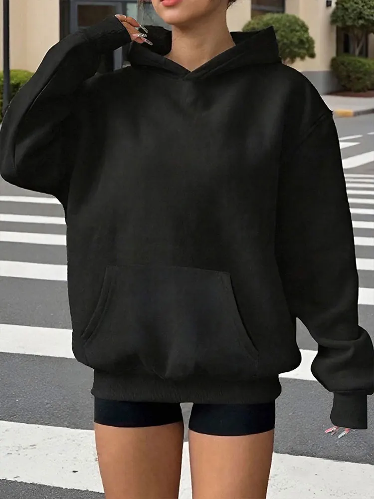 เสื้อฮู้ดผู้หญิงสีดำเซ็กซี่ แฟชั่นสตรีทแวร์ฤดูหนาว แขนยาว คอกลม มีกระเป๋า เสื้อลำลองอเนกประสงค์ สไตล์สปอร์ต
