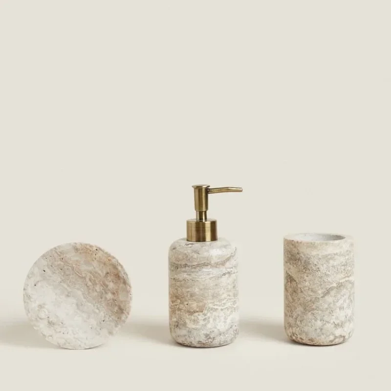 Natural Marble Bathroom Set Gray Travertine Soap Bottle Toothbrush Holder Stone Home Decoration Elegant Design