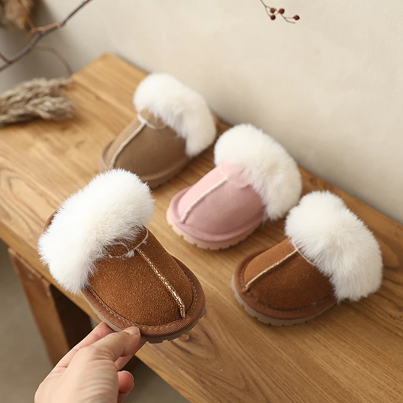 

Children Toes Wrapped Plush Slippers Kids Classic Slippers Winter Anti Slip Thick Soled Girls Fur Cotton Shoes Britain Style