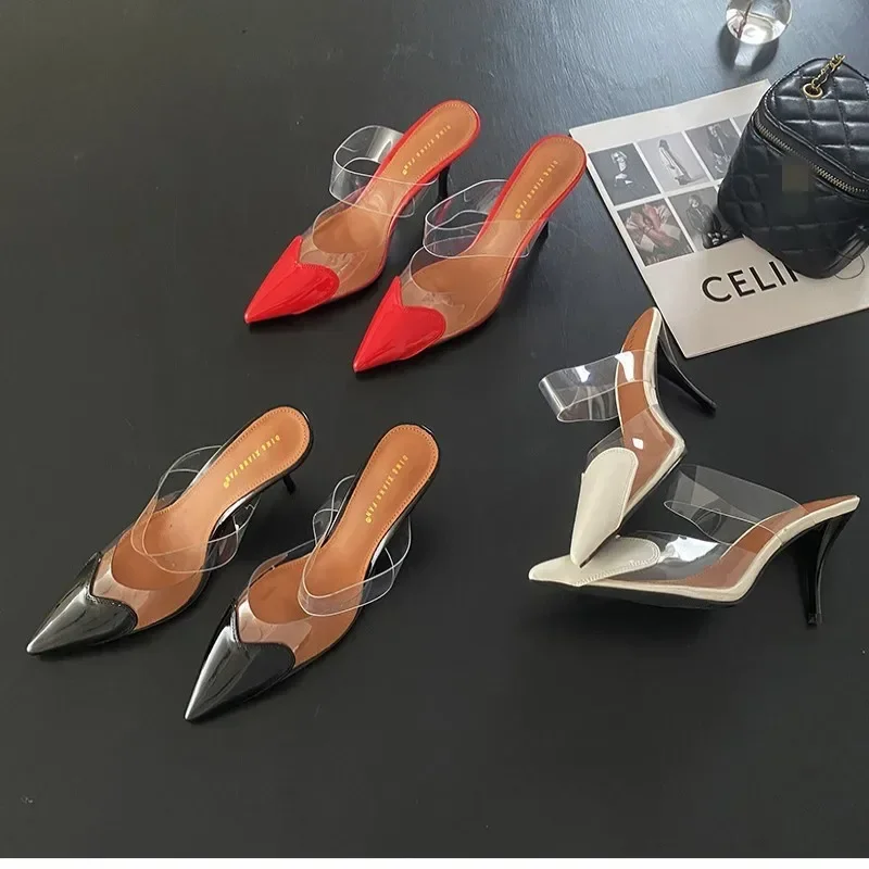 Chmury apontou toe coração salto alto mules chinelo sapatos para mulher 2024 preto branco vermelho sapatos de luxo designer bombas