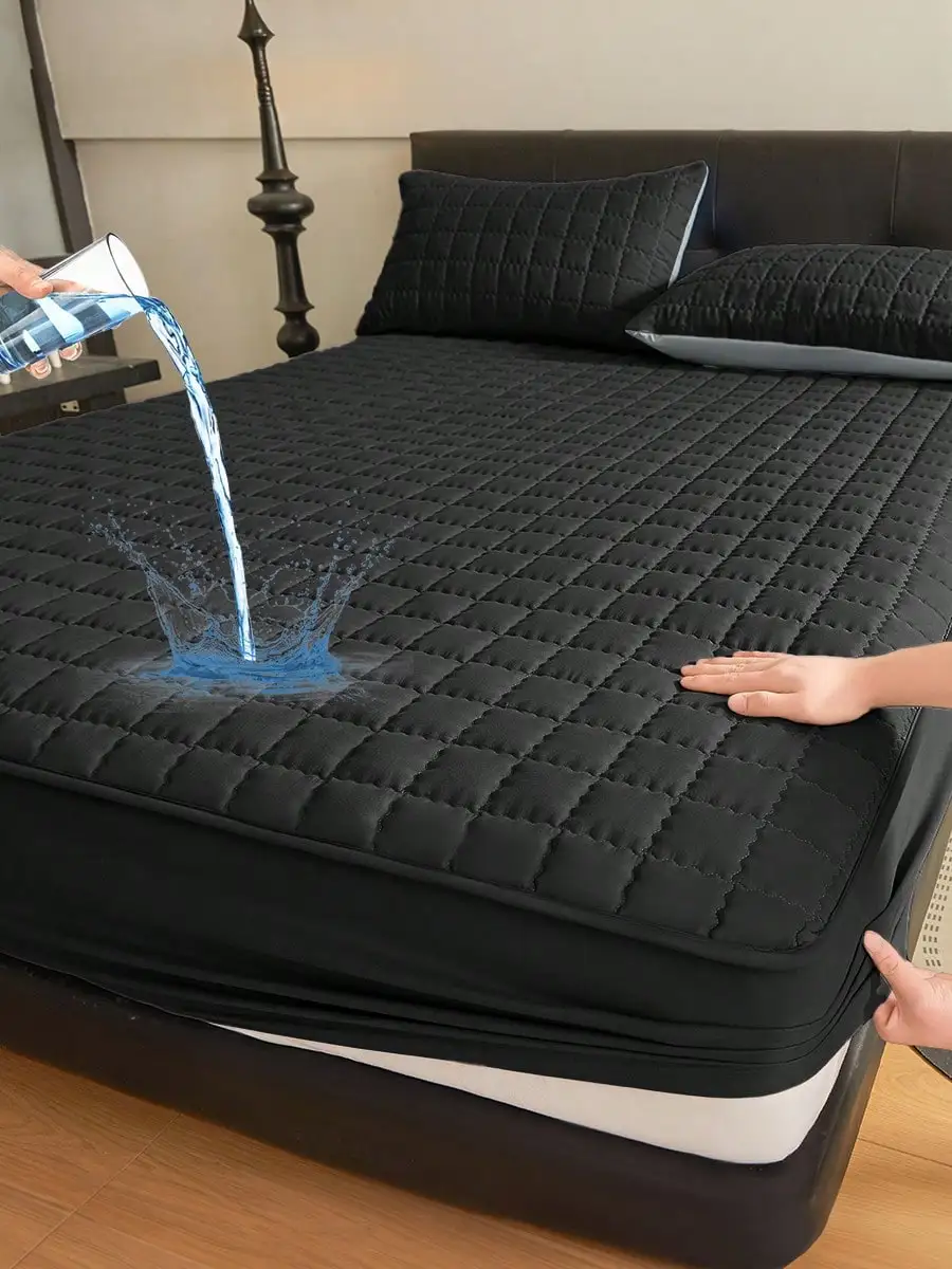 1pc Waterproof Fitted Sheet, Mattress Protector, Dustproof Bedding, Breathable & Comfortable, Plaid Pattern, Fits 8-12