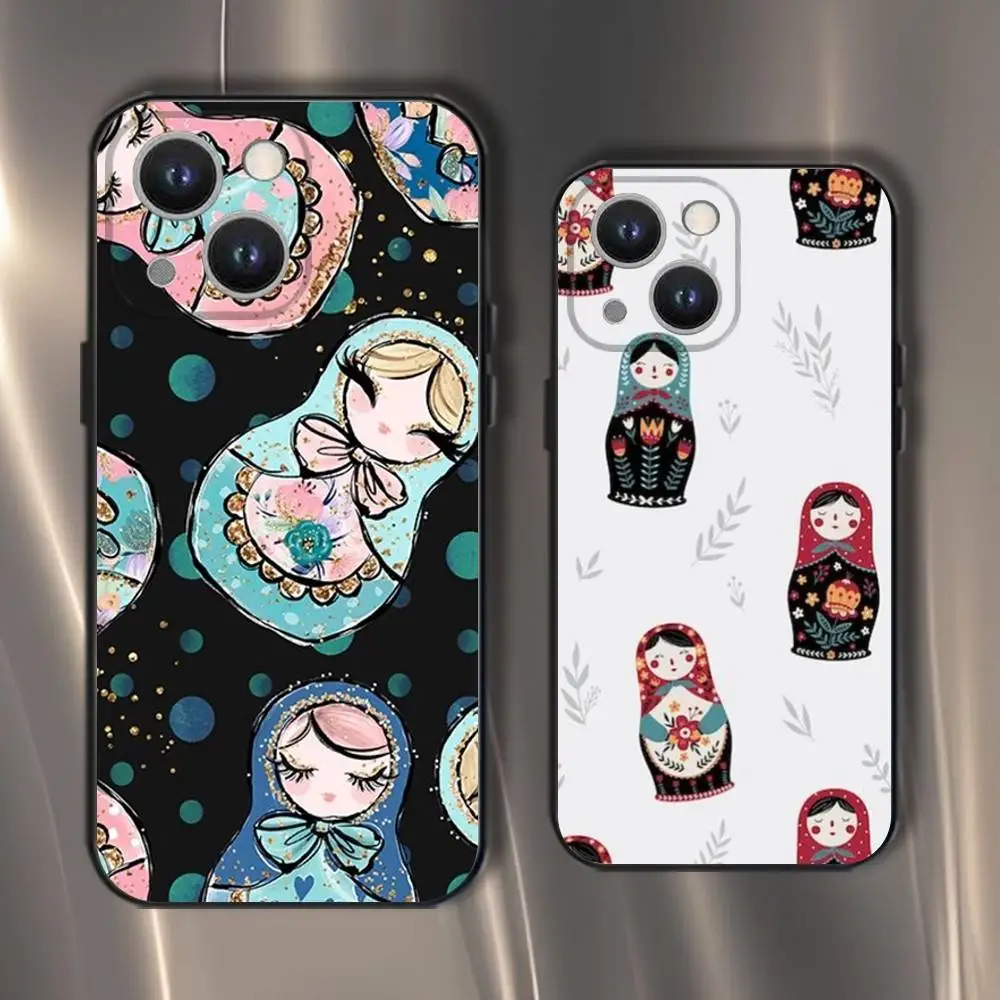 

Russian Nesting Doll Cartoo Phone Case For iPhone 16,15,14,13,12,11,Pro,XS,Max,XR,Plus,E,SE4,Mini Black Soft Cover