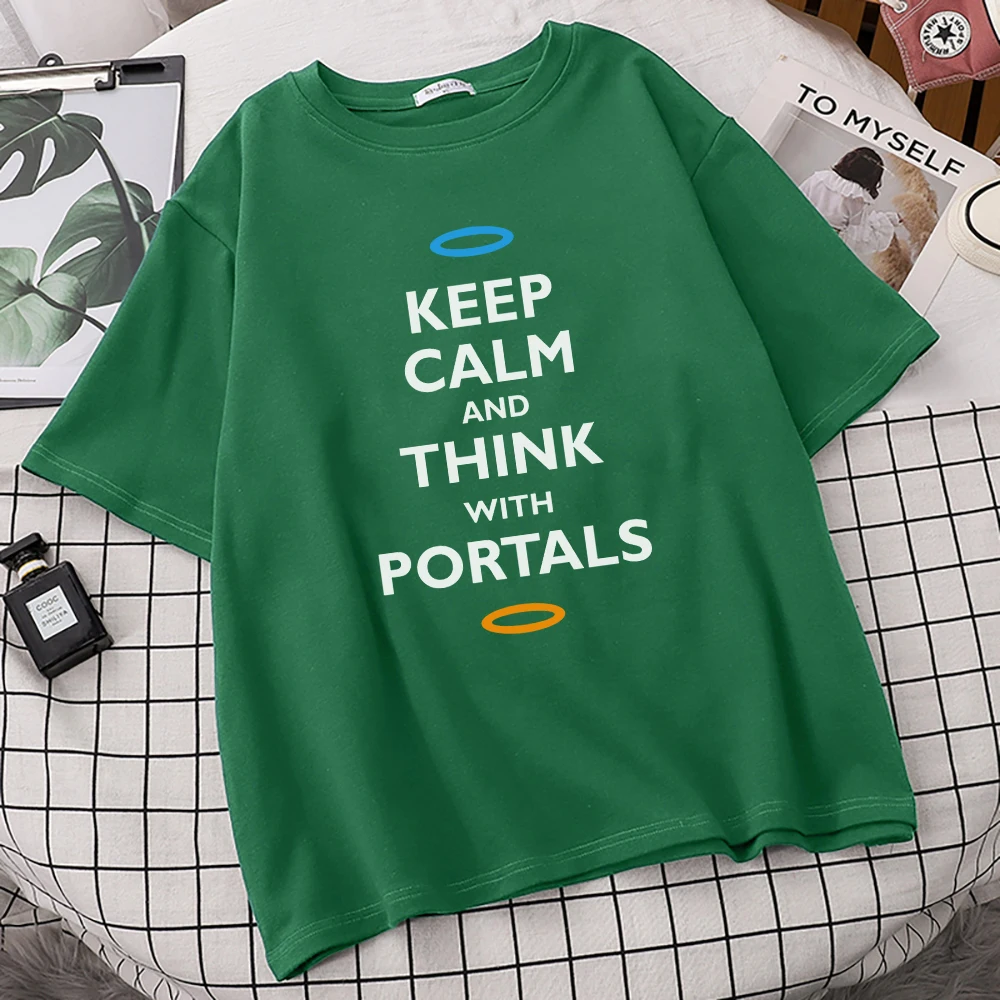 Keep Calm And Think With Portals Print T-Shirt Female Harajuku Fit Clothing New Quality Streetwear Manga Casual Women Tshirt