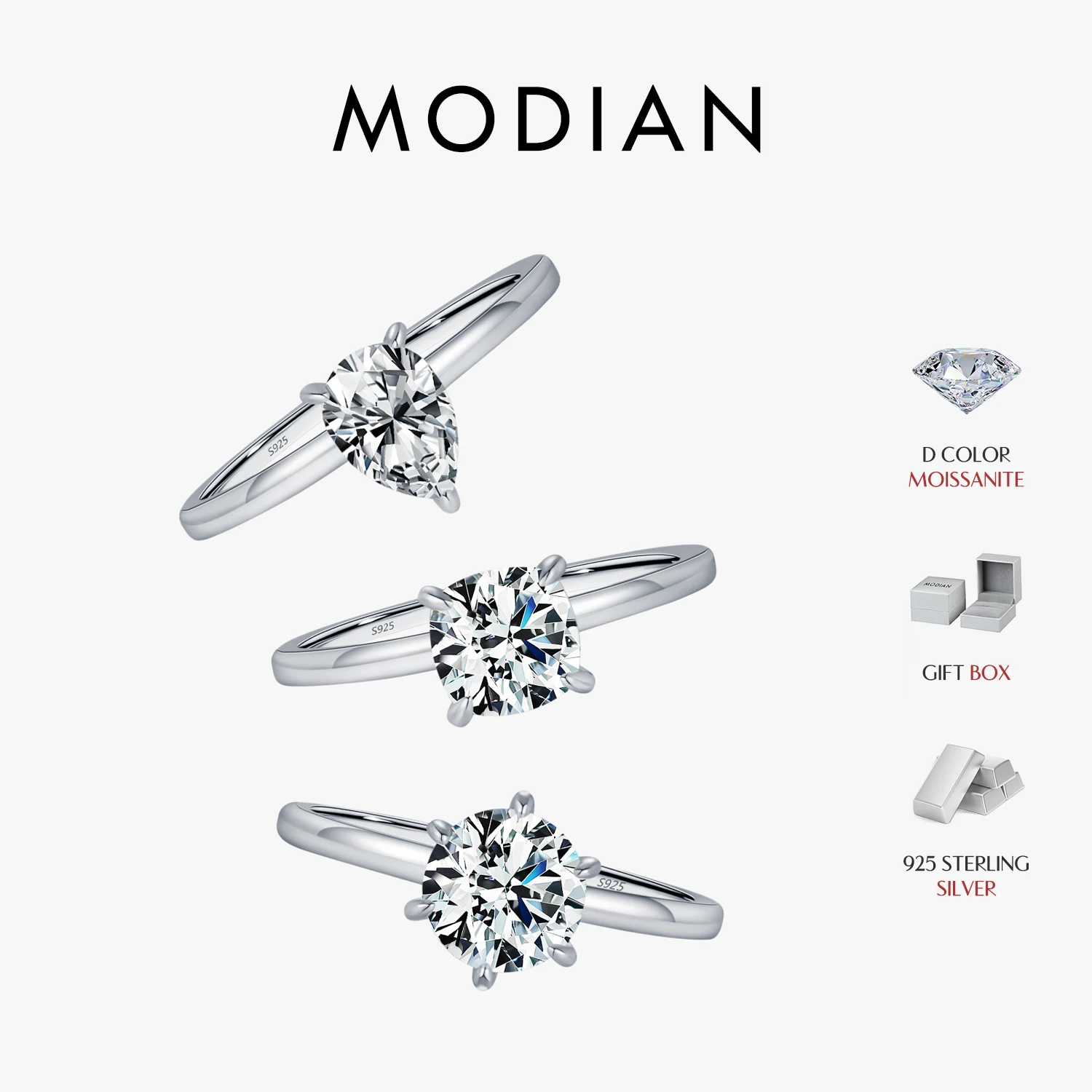 MODIAN 925 Sterling Silver 1 Carat Briliant Cut Moissanite Rings For Women Simulated Diamond Wedding Engagement Fine Jewelry