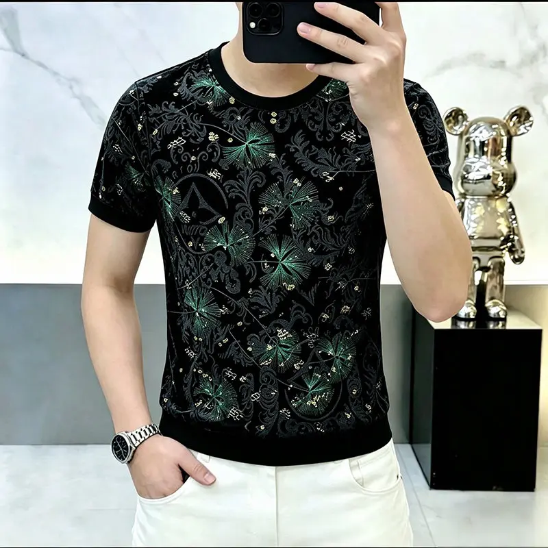 High-Elastic Breathable T Shirt For Men Short Sleeve Slim Casual Summer Quality Flocked Burnout Anti-Wrinkle Camisetas De Hombre