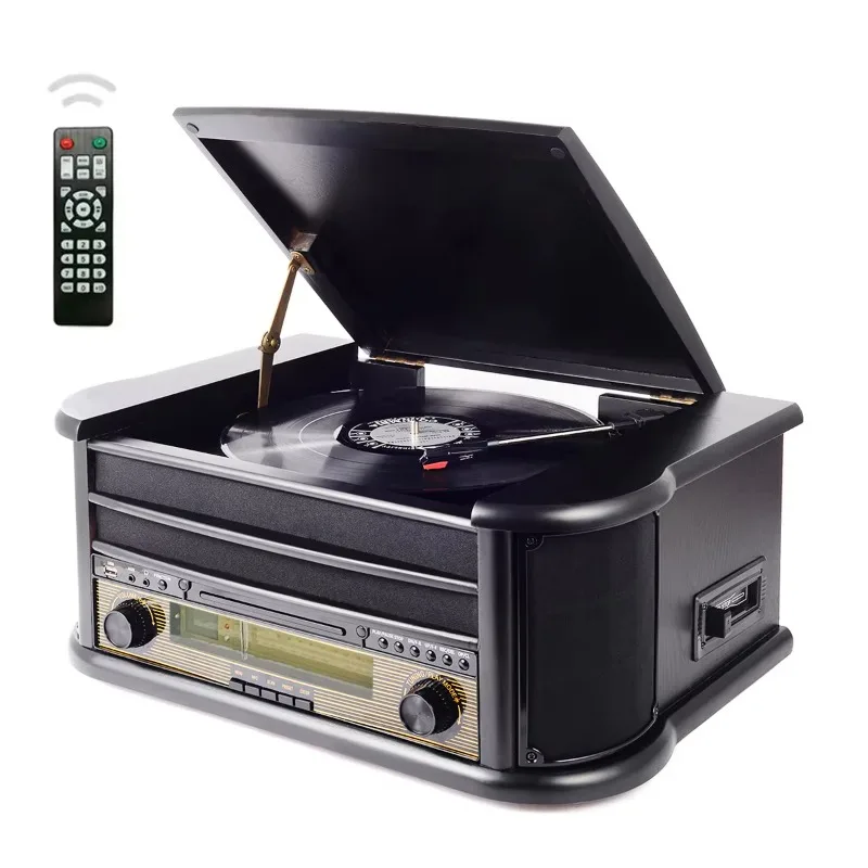 Latest 2024 model Wooden 3 Speed Turntable Record Player With Speakers CD USB SD Cassette Am Fm Radio   Retro