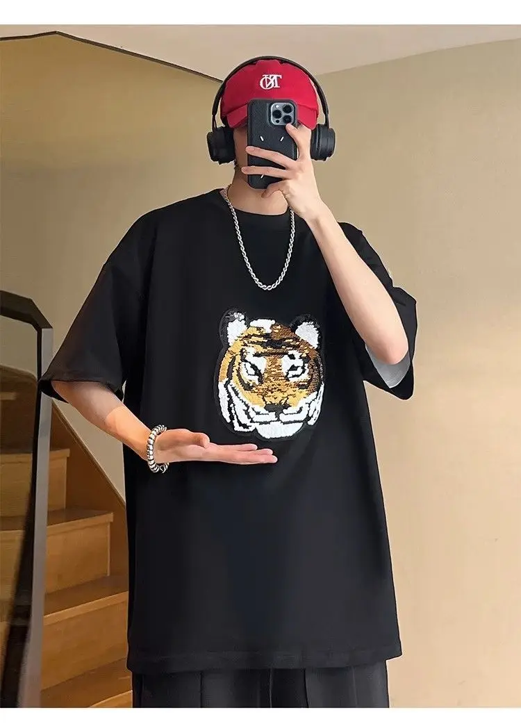 Personalized Tiger Panda Face Changing Sequin Embroidery Men Women Short Sleeve Summer Hip Hop T-shirt Loose Cotton T-shirt