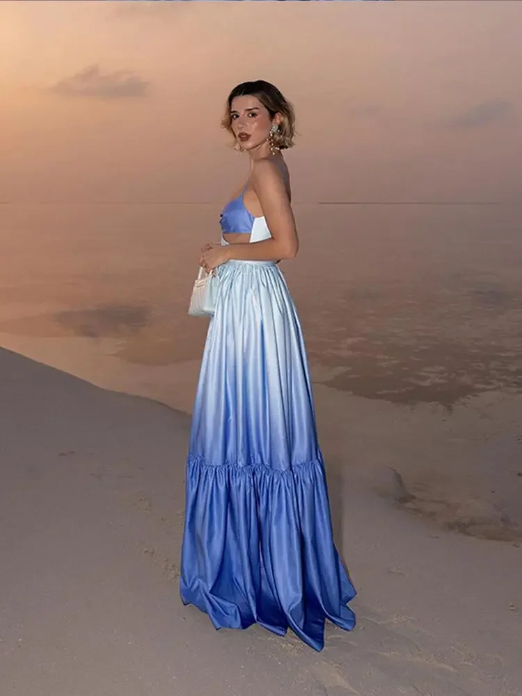 Hollowed Out Pleated Long Dress For Women Sexy Sleeveless Backless Robe Chic Holiday Ladies Evening Vestidoes