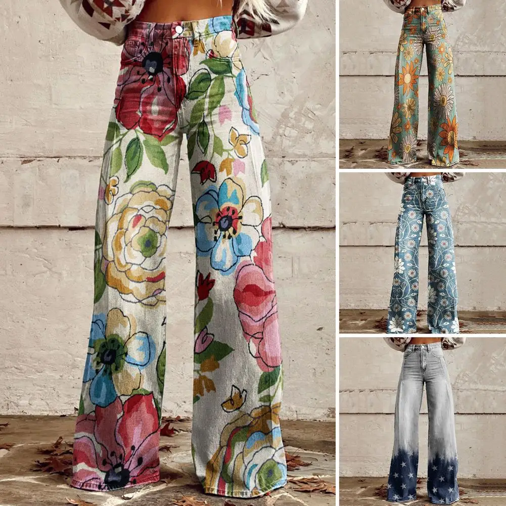 

Women Denim Trousers Stylish Women's Denim Pants with Digital Flower Print Wide Leg Casual Trousers Functional for Fashionable