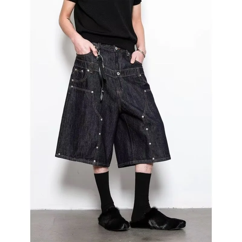 2026 Summer American Street Rivet Design Sense Denim Cropped Pants Men's Loose Wide-leg Fake Two-piece Tooling Shorts