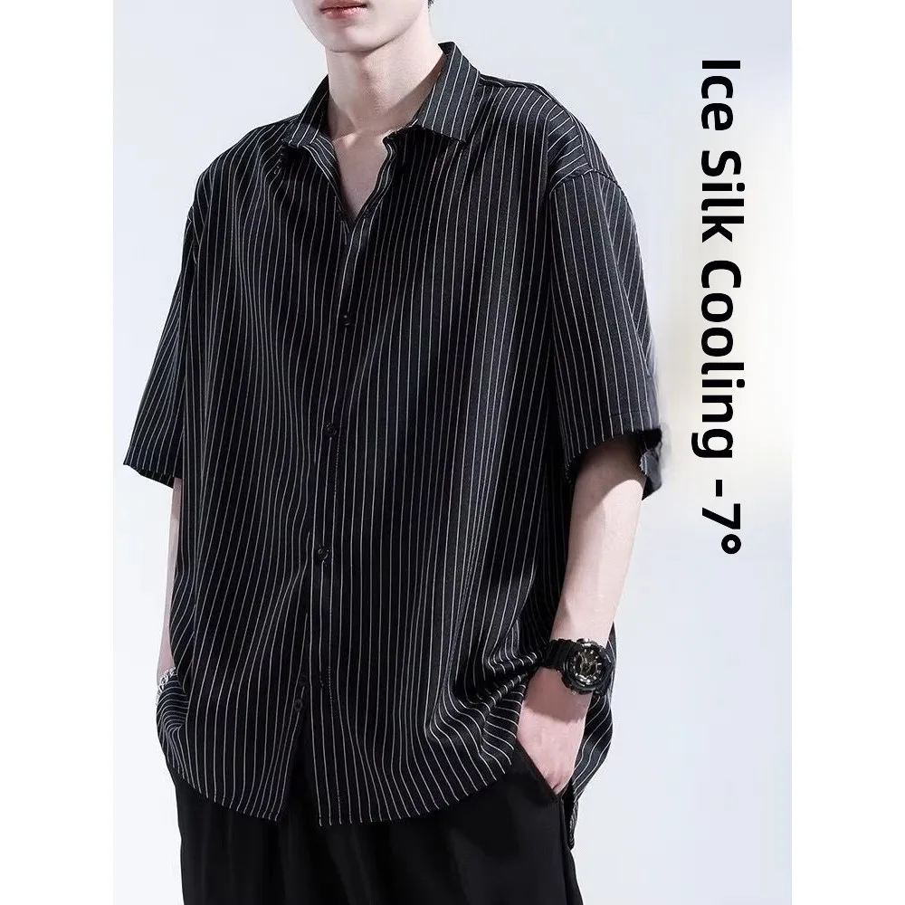 

Summer Men's Ice Silk Stripe ort Sve irt Loose Casual Thin Outerwear Polyester Fiber 00% Regular Sve Length Casual...