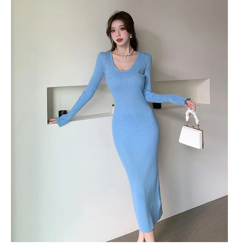 Langes Strickkleid für Damen 2026 Herbst Winter Neuerscheinung Langes Kleid mit Trompetenärmeln und V-Ausschnitt Koreanischer Stil Modisches Damenkleid – Detail 15