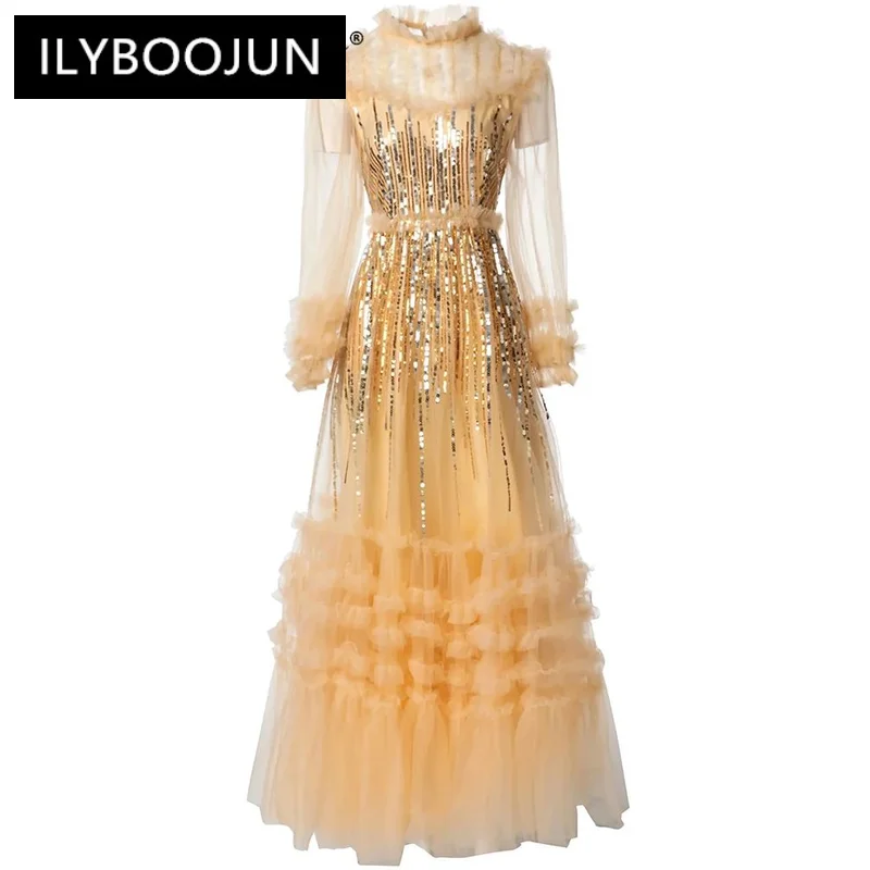 

ILYBOOJUN Fashion Designer Autumn Mesh Long Dress Women's O-Neck Lantern Sleeve Sequins Ruffles Elegant Party Dresses