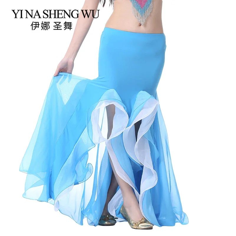 الشرقية تنورة رقص البطن الطابق طول مثير الرقص الشرقي كريستال القطن مزدوجة الشق تنورة تنورة رقص شرقي للنساء 9 ألوان