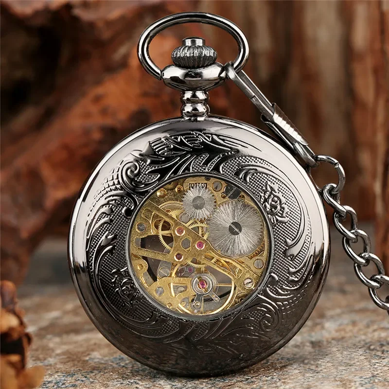 Vintage Black Hollow Flower Design Pocket Watch Retro Men Women Hand Winding Mechanical Pendant Watches FOB Chain Clock Gifts