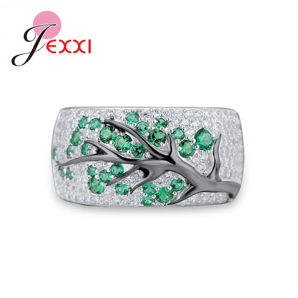 Solid 925 Silver Color Austrian Crystal Finger Rings Colorful Tree Original Design for Men Women Couple Jewelry