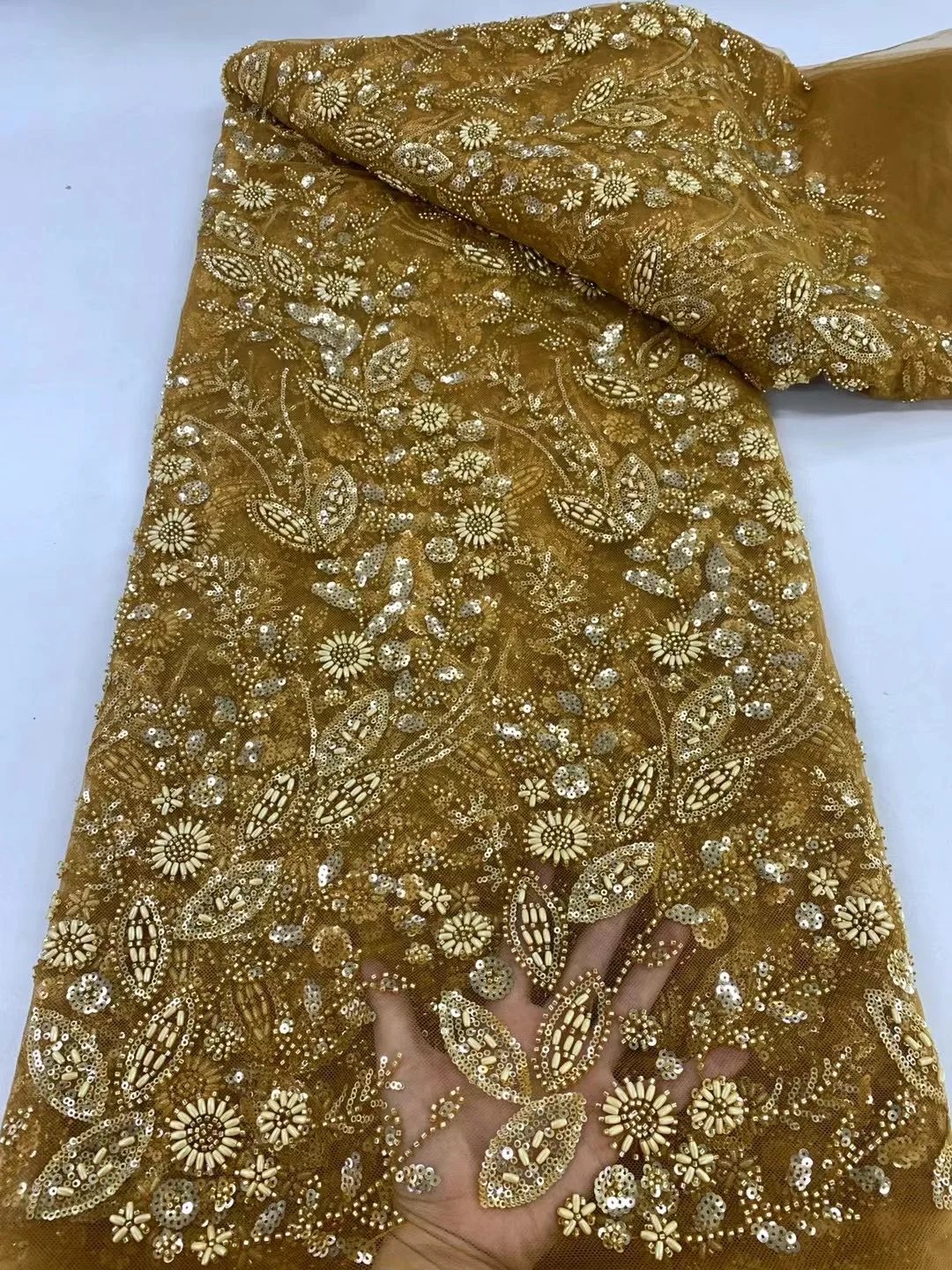 Afrikanischer Perlenstickerei-Färbespitzenstoff für Frauen, luxuriöser 5-Yard-Mode-Mesh-Perlenstoff mit Steinen, Spitze, Hochzeitskleid-Stoff