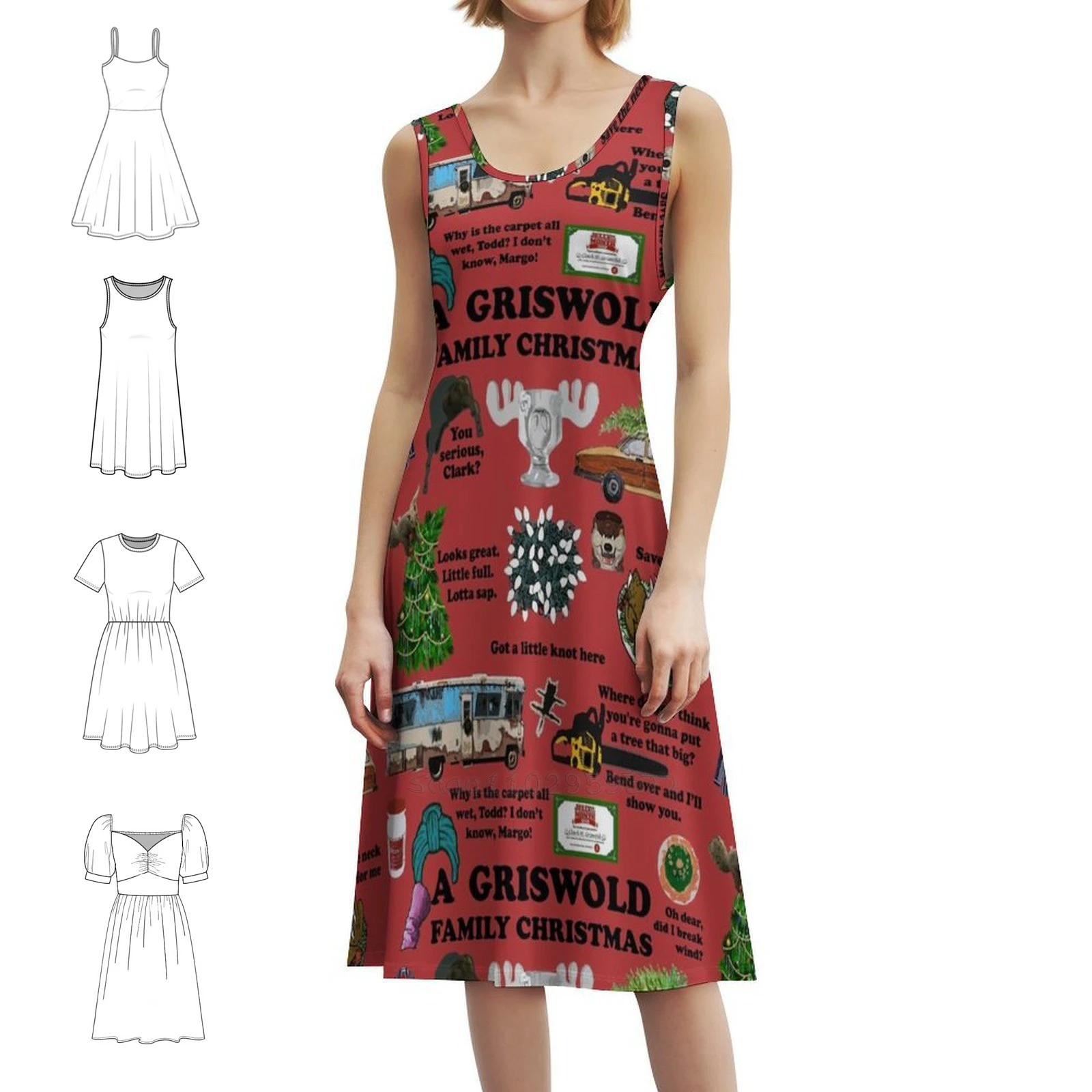 مضحك عيد الميلاد الأسرة الشتاء عطلة الرجعية الأحمر البوهيمي فستان بلا أكمام للنساء طباعة فساتين حفلات الشاطئ مضحك عيد الميلاد #1