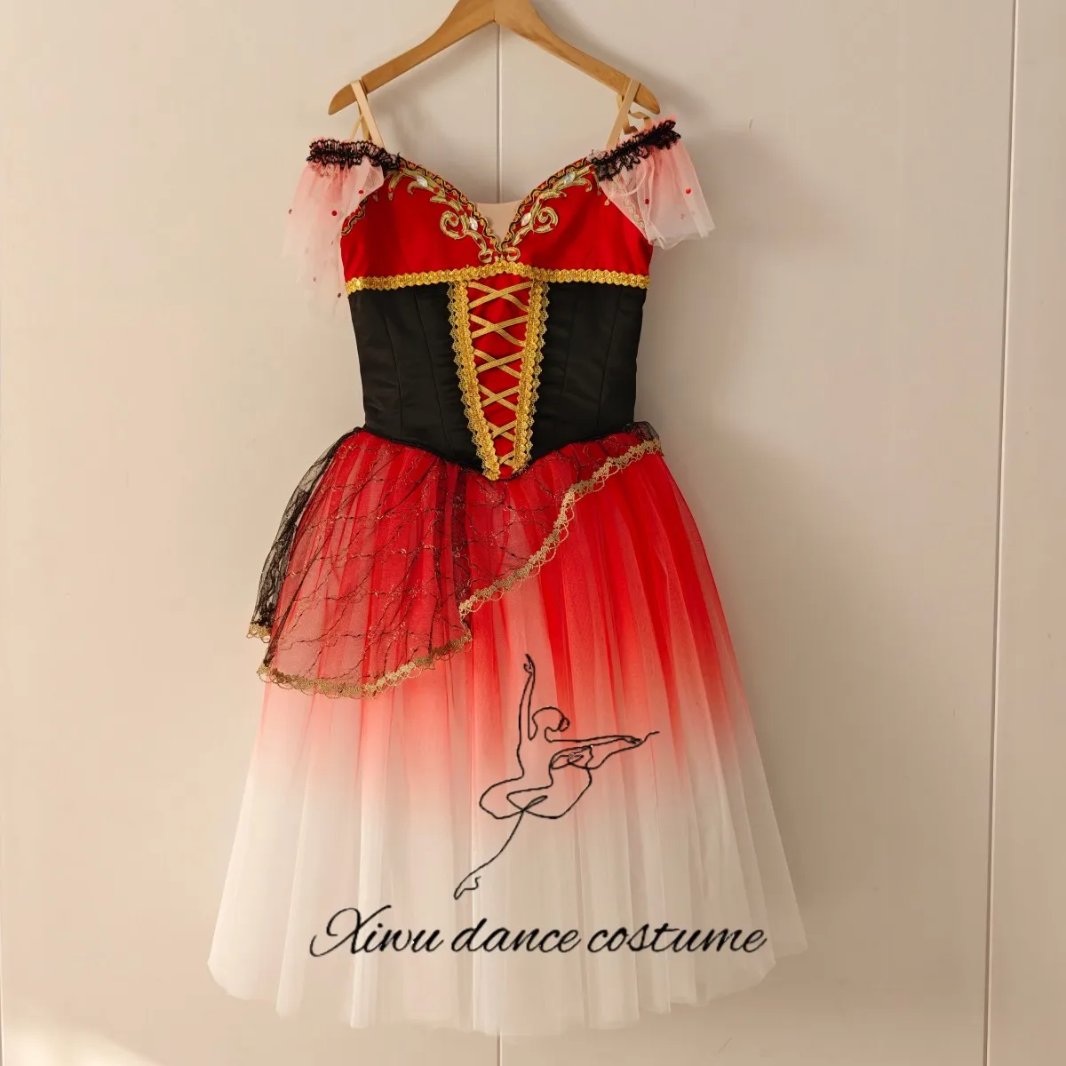   Vestido de actuación de ballet con bloques de color rojo, negro y dorado