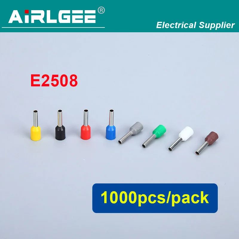 1000pcs E2508 Red Green Yellow Blue White Pre-insulated Tube Terminals Cable Lug for 14 AWG Wires
