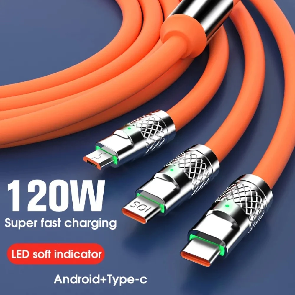 3in1 120W 6A Fast Charging Type C Micro USB Cable for iPhone Samsung Huawei Xiaomi LED Phone Charger Silicone Data Cord Wire