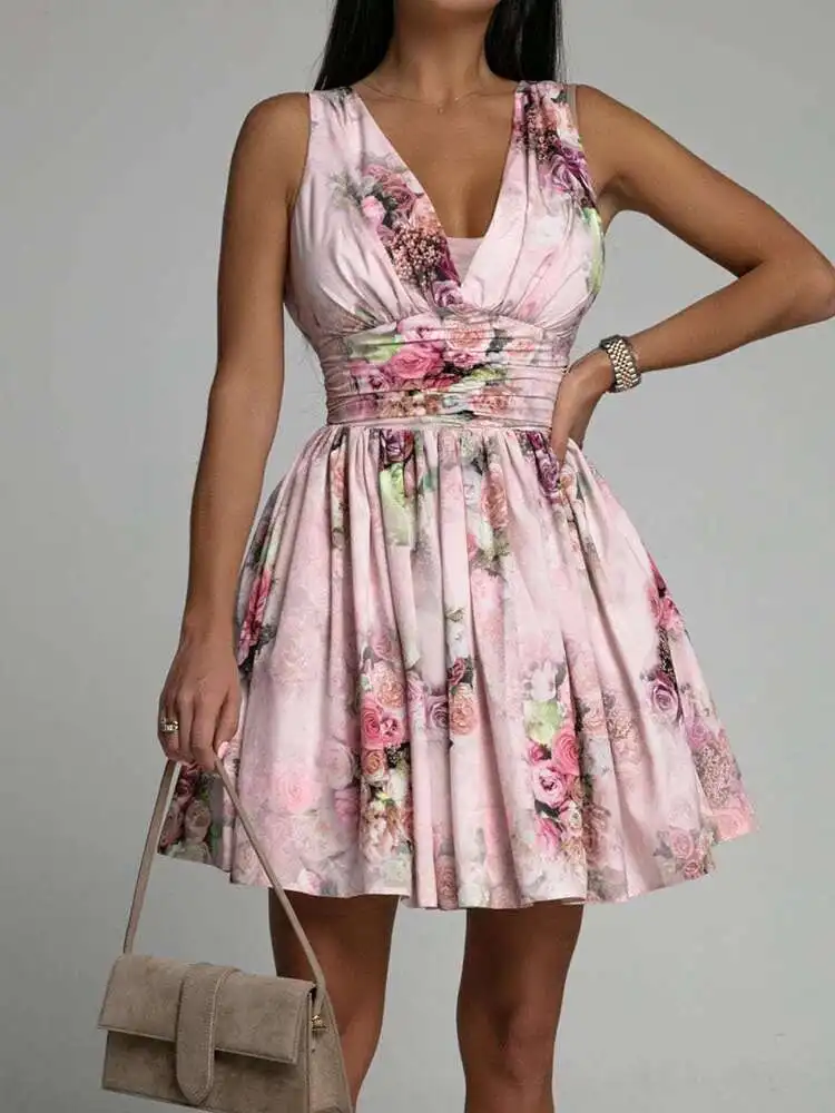 Femme geplooide hoge taille vetersluiting zomer streetwear backless slanke print v-hals off-shoulder dames mini-jurk