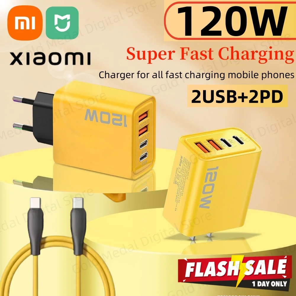 Xiaomi 4 Port Phone Charger 120W Ultra Fast Charger 2USB 3.0 2PD Quick Charging Type C Charger Adapter EU/US/UK Plug For iPhone
