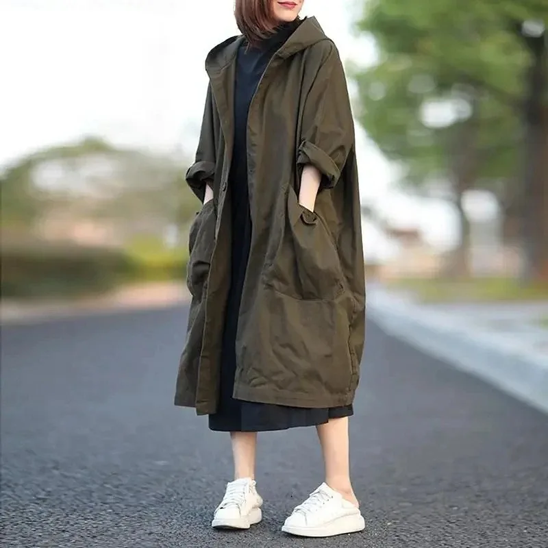 Women's Trench Coat 2023 Spring Autumn New Outerwear Hooded Pockets Loose Casual Women Clothing Vintage Windbreakers Jackets