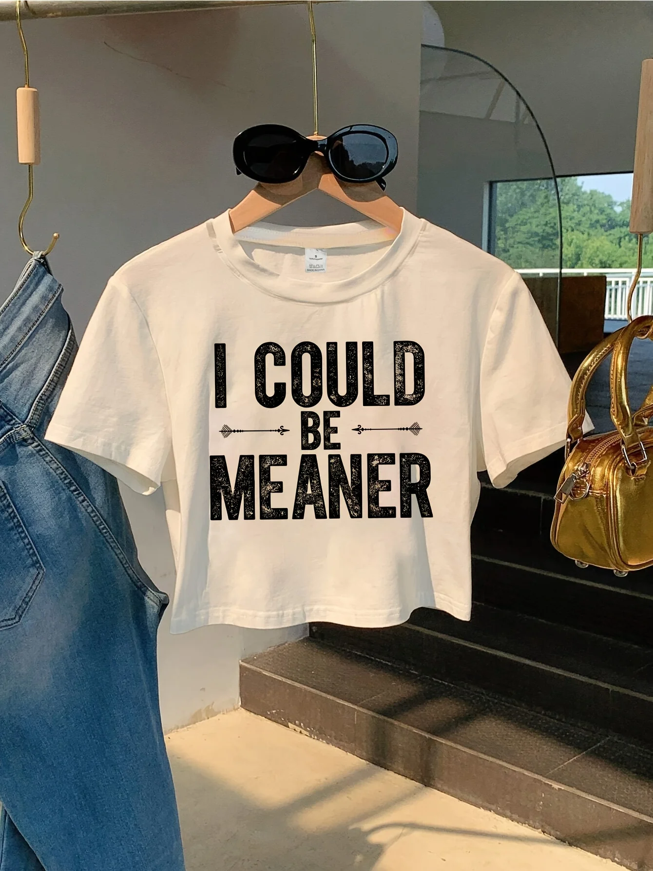 I COULD BE MEANER Print Crop Top Women's Crew Neck Short Sleeve Cropped T Shirt Sexy Clothes Female Outfit Graphic Streetwear