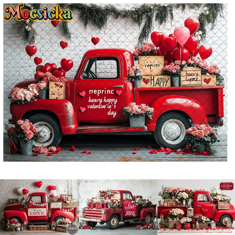 

Mocsicka Photography Backdrop Red Valentine's Day Truck Decoration Couple Wedding Newborn 1st Party Backgrounds For Photographs