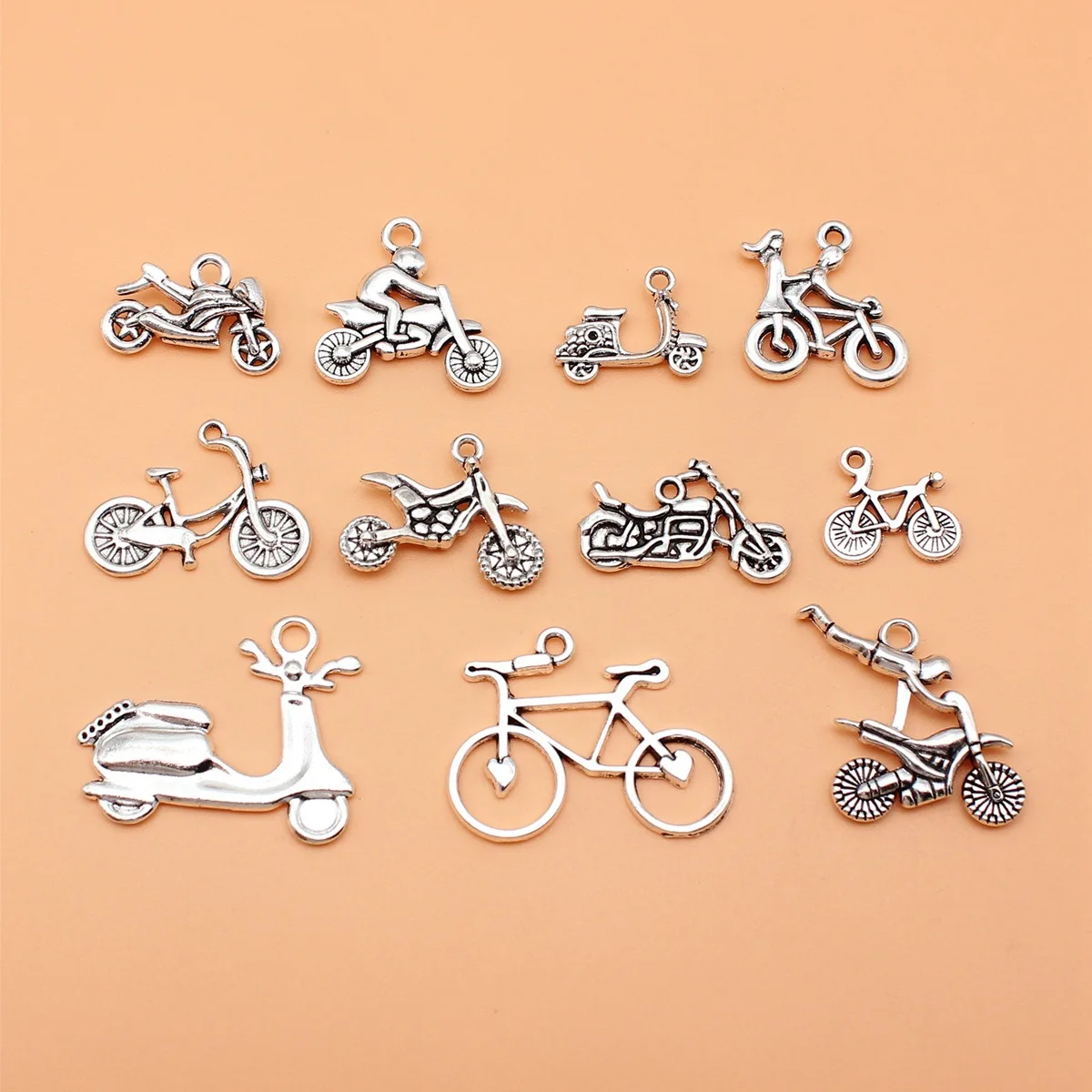 120Pcs/Bag 11 Styles Antique Silver Color Motorcycle Bicycle Electric Bicycle Charms Pendant Diy Jewelry Accessories