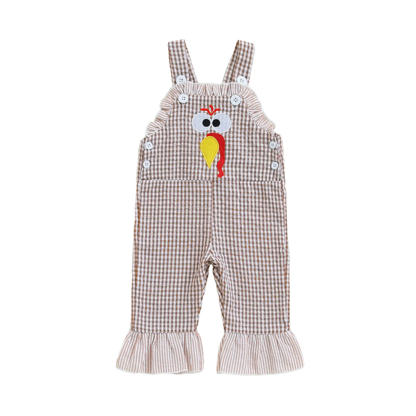 

Baby Girls Thanksgiving Overalls Plaid Print Turkey Embroidery Sleeveless Bell Bottom Romper