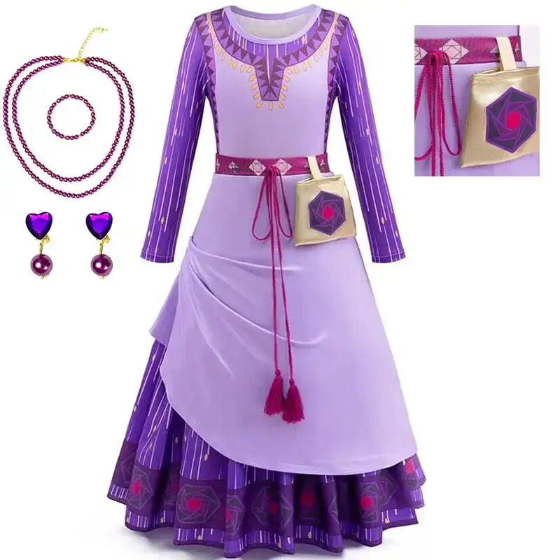 2026Wish Asha Costume Girl Dress Halloween Role Playing Costume Christmas Children Dress Up 2-12 Year Old Children's Party Dress