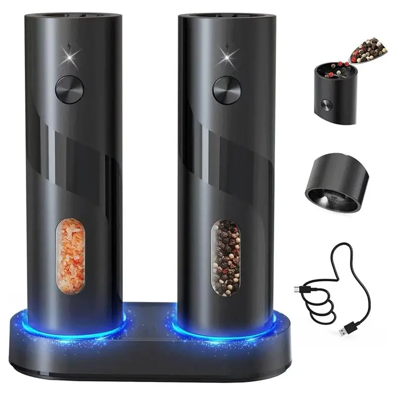 b02c-電動充電式塩コショウグラインダーセット-トップリフィル式自動ペッパーミルグラインダー-充電ベース付き