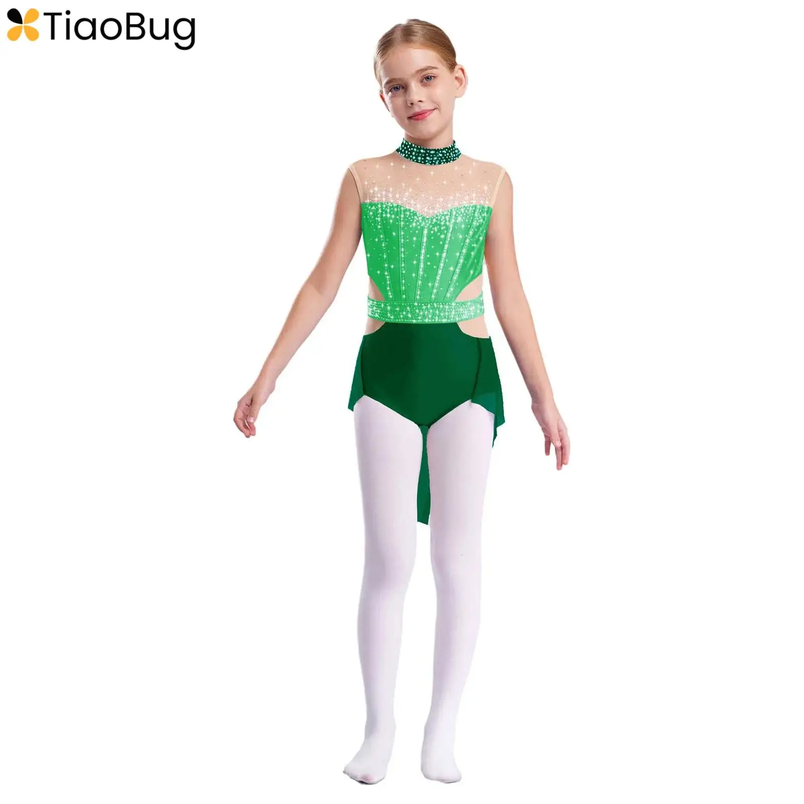 

Kids Girls Lyrical Ballet Dance Dress Figure Skating Gymnastics Leotard Sleeveless Shiny Rhinestones Sheer Mesh Skirted Bodysuit
