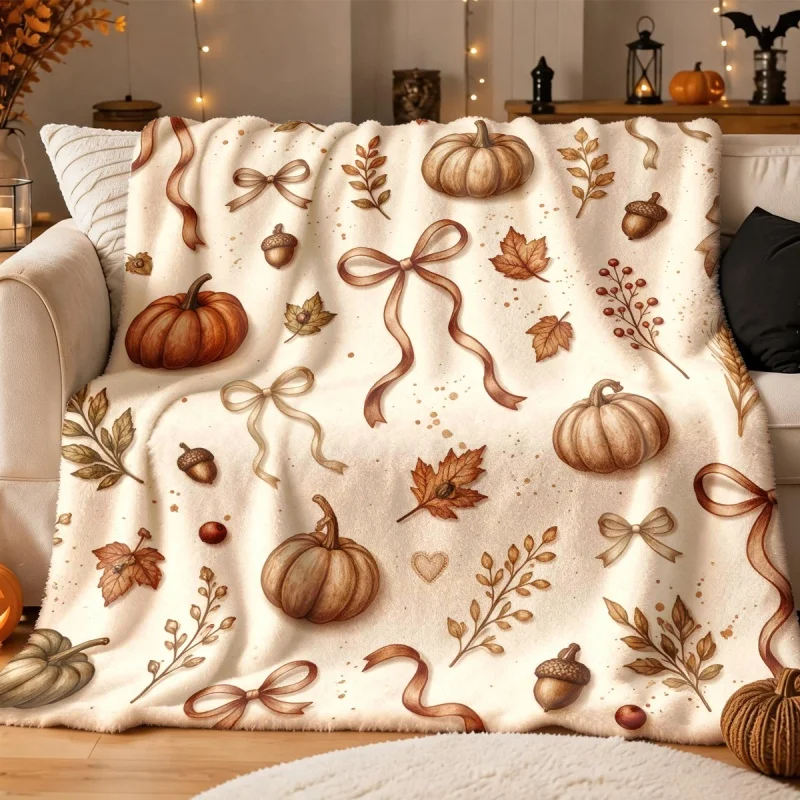 Fall Pumpkin Bow Acorn Throw Blanket, Autumn Maple Leaf Print Soft Flannel Blanket for Sofa Bedroom Home Decor