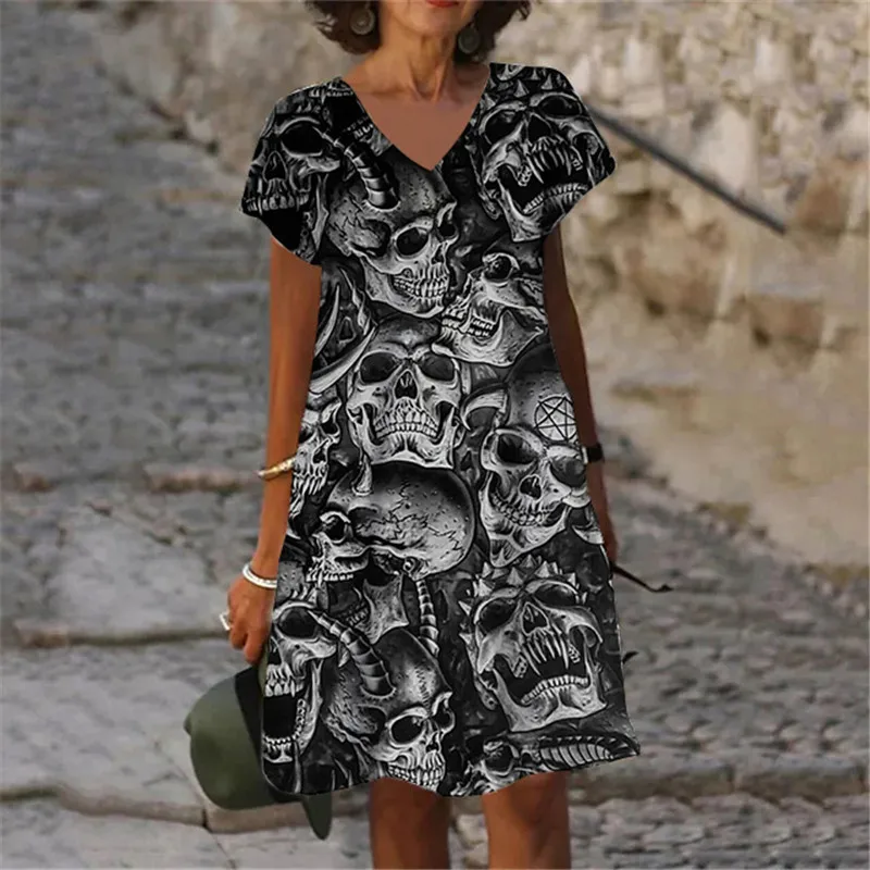 2023 Fashion Dresses Hot Sale 3D Printing Terror White Skull Pattern Women\'s Dress Casual V-Neck Short Sleeve Oversized Clothing