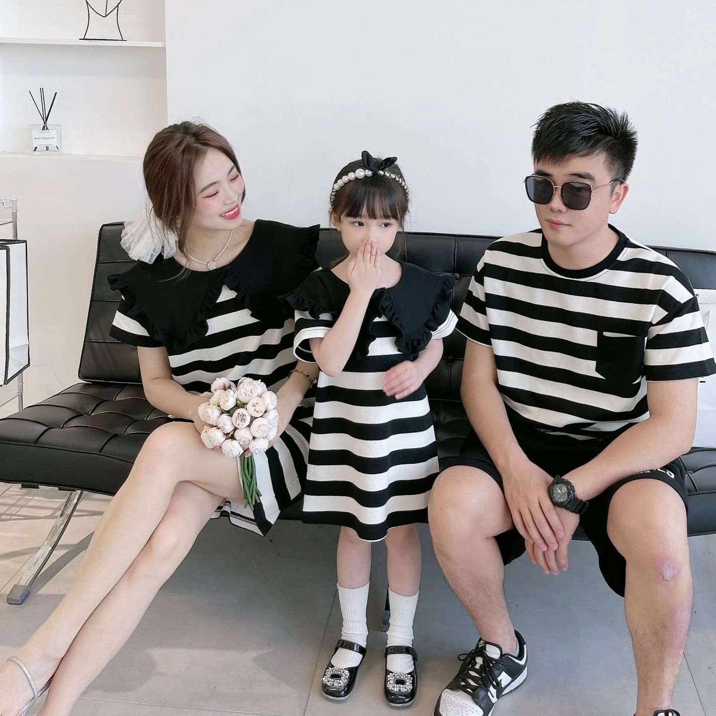 

Dad Mom and Child Matching Clothes for Whole Family Clothing Mother and Daughter Striped Dress Father Son Equal T Shirts Outfits