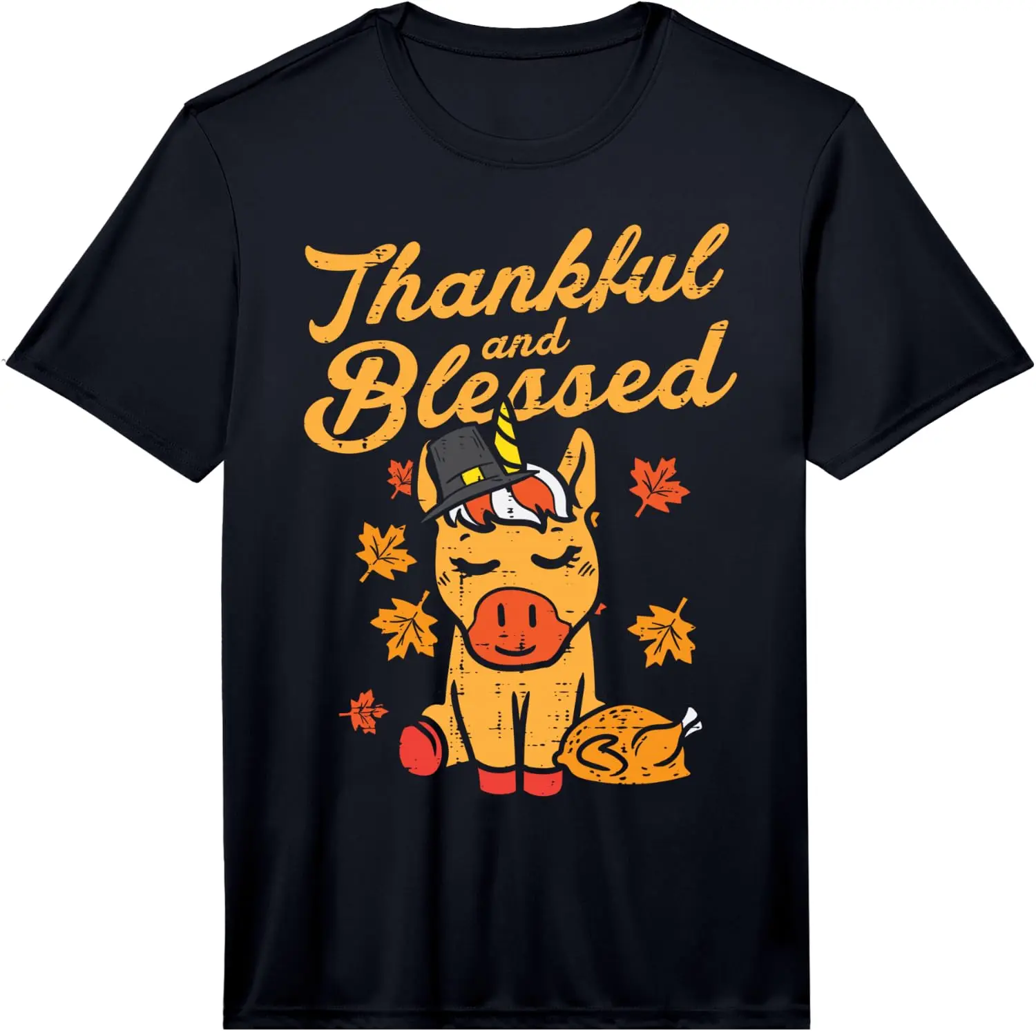 Thankful Blessed Pilgrim Unicorn Leaves Turkey Thanksgiving Performance T-Shirt 100% Cotton Trendy Y2K Short-Sleeve Tee – Soft,