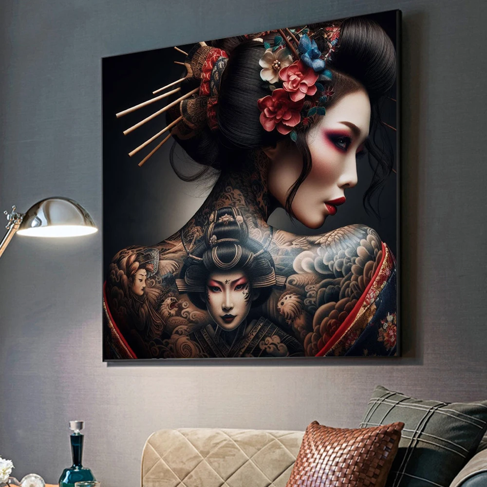 Dark Academia Art Japanese Geisha Poster Prints For Home Decor Gothic Body Tattoo Woman Portrait Canvas Painting Wall Art Gift