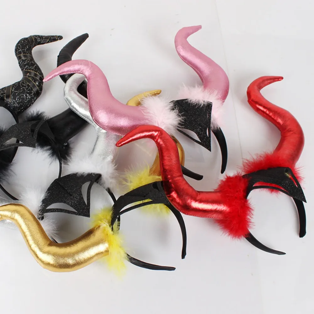 Halloween Long Demon Ox Horn Headband Evil Queen Glitter Hair Hoop Women Cosplay Costume Magic Witch Headpiece Accessory
