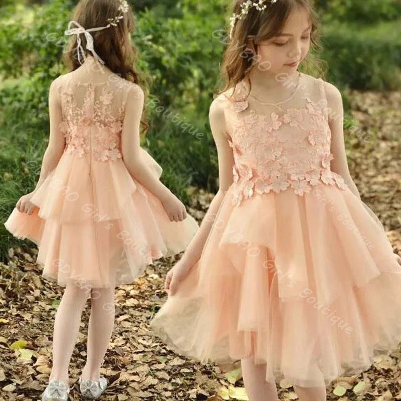 

Nude Pink Girls Party Gown Knee Length Lace Appliques Wedding Flower Girl Dress Kids Tiered Tulle Birthday Pageant Gown Custom