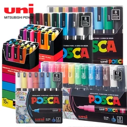 Uni Posca-rotuladores de pintura, juego completo de PC-1M, PC-3M, póster POP, tinta pigmentada a base de agua con estuche de vinilo Original