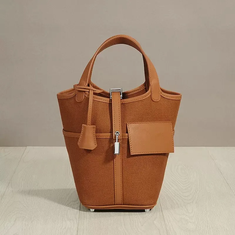 

High-End Canvas Leather Buet Bag Women's Handbag Contrast Color Mother-Daughter Bag Splicing Design Briti Sle Handbag