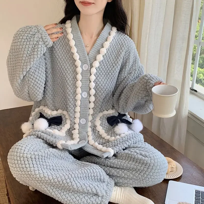 2024 New Coral Velvet Pajamas Women Autumn Winter Homewear Long Sleeve Sleepwear Girl Cartton Flannel Thick Warm Loungewear Set