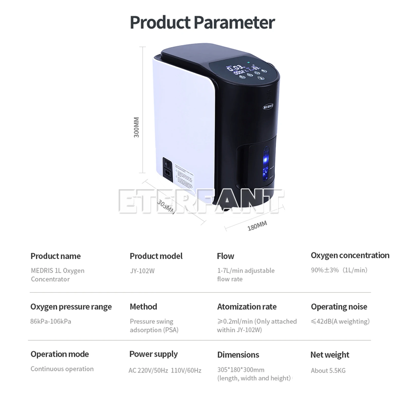 ETERFANT Portable O^x^ygène^ Equipment//Home Machine 1-7L 35%-90% Home Office Travel 110V LCD Touch Screen